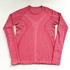 Lululemon Heathered Boom Juice Pink Floral Thumbhole Rest Less Pullover Shirt 10